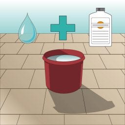 Icon Reinigungsmittel anmischen. Illustration Wassereimer mit Wassertropfen und Reinigungsmittel in Flasche