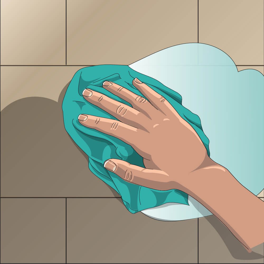 11_reinigung_wassereinarbeiten Illustration Hand mit Wischtuch reibt Reinigungsmittel ein.
